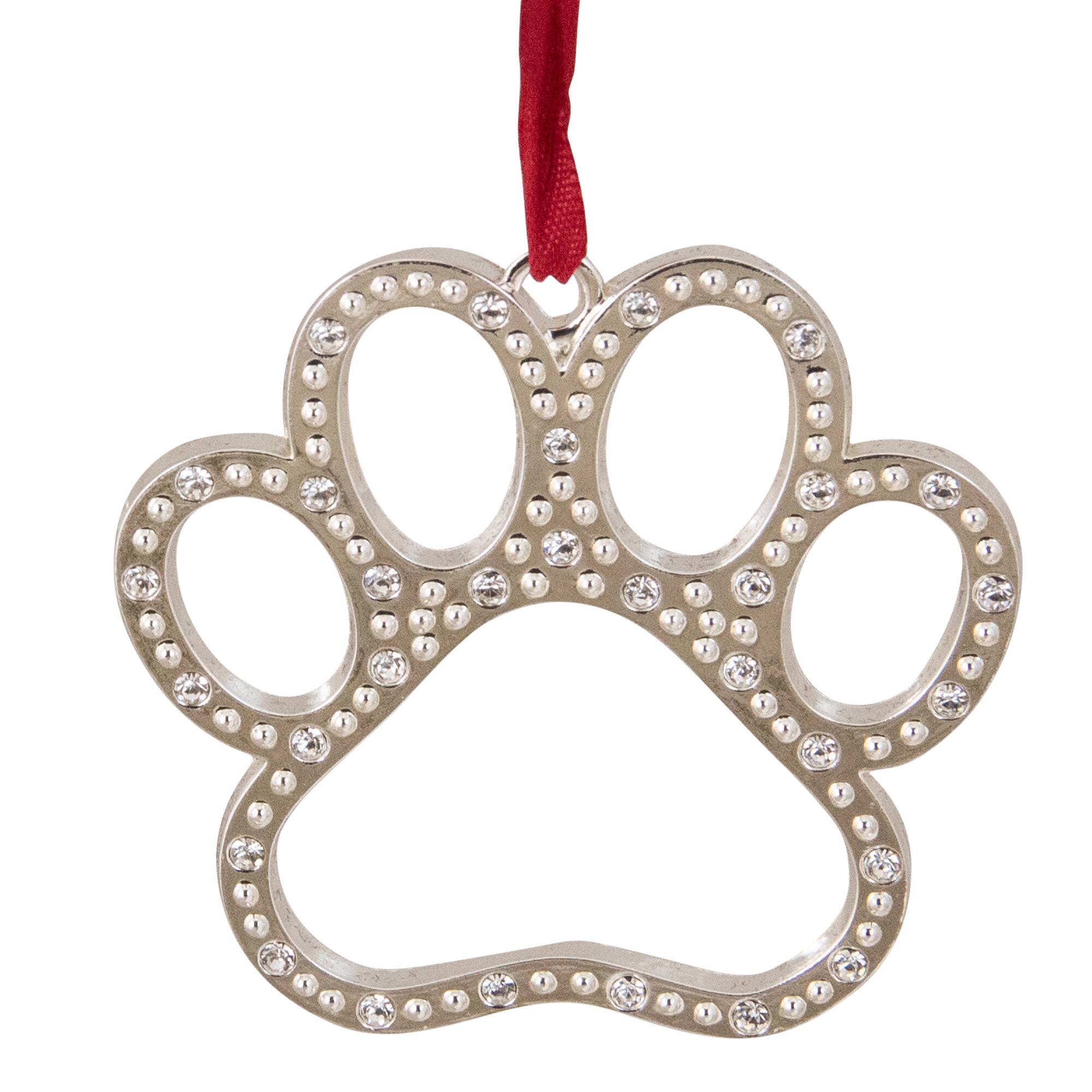 2.5" Silver & Red Paw Print with European Crystals Ornament